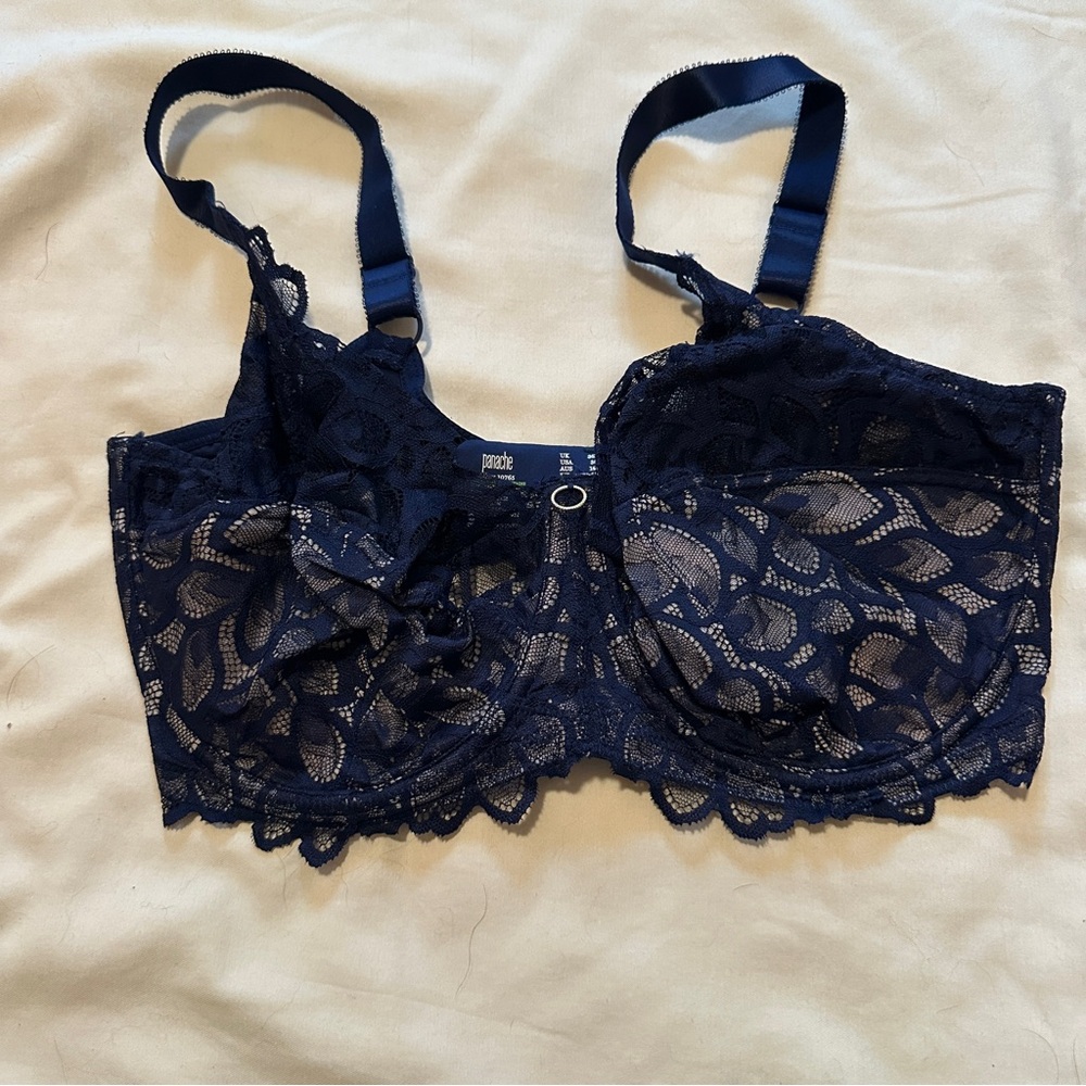 Panache Navy Lace Longline Underwire Bra with Leaf Motif